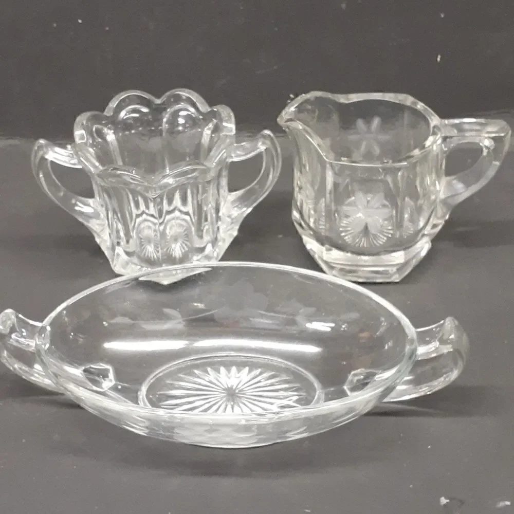 3 pc etched‎ floral crystal sugar/creamer, & sm. dish with bottom star design